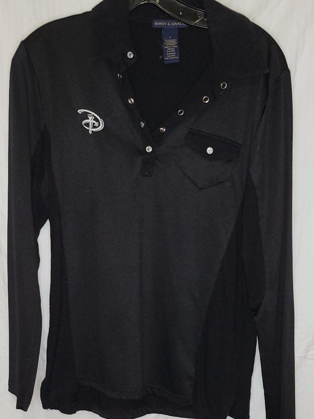 Birdy & Grace Disney Logo Long Sleeve Polo Shirt Black Womens Large Stretch Knit